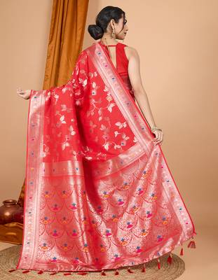 red zari work banarasi silk blend saree with blouse 4