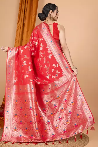 red zari work banarasi silk blend saree with blouse