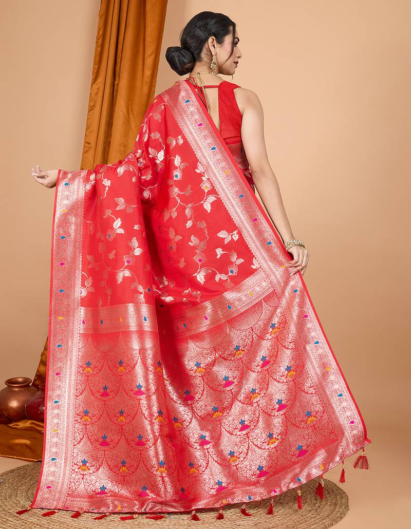 red zari work banarasi silk blend saree with blouse