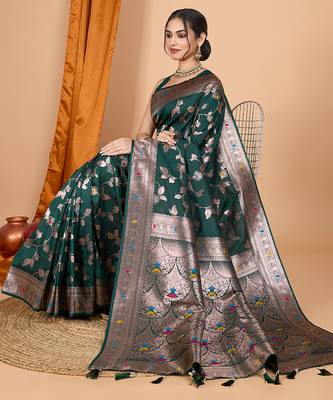 dark green zari work banarasi silk blend saree with blouse 1