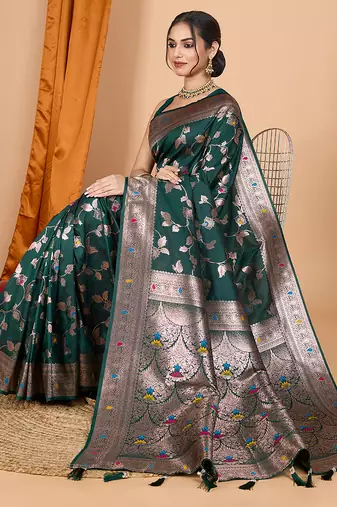 dark green zari work banarasi silk blend saree with blouse