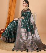 dark green zari work banarasi silk blend saree with blouse