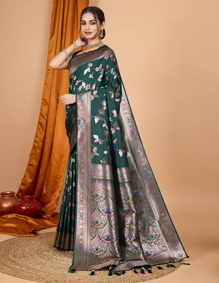dark green zari work banarasi silk blend saree with blouse 3