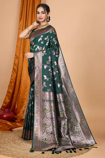dark green zari work banarasi silk blend saree with blouse