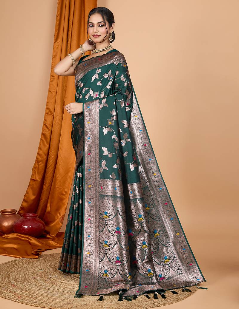 dark green zari work banarasi silk blend saree with blouse