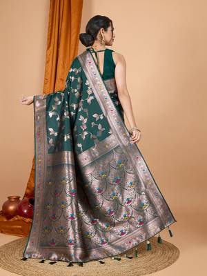 dark green zari work banarasi silk blend saree with blouse 4