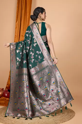 dark green zari work banarasi silk blend saree with blouse