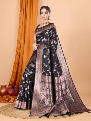black zari work banarasi silk blend saree with blouse 1
