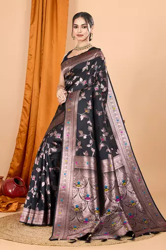 black zari work banarasi silk blend saree with blouse