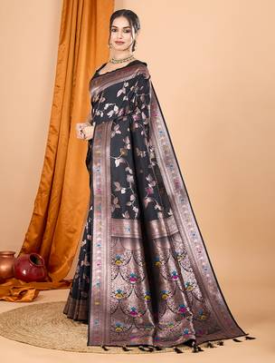 black zari work banarasi silk blend saree with blouse 3