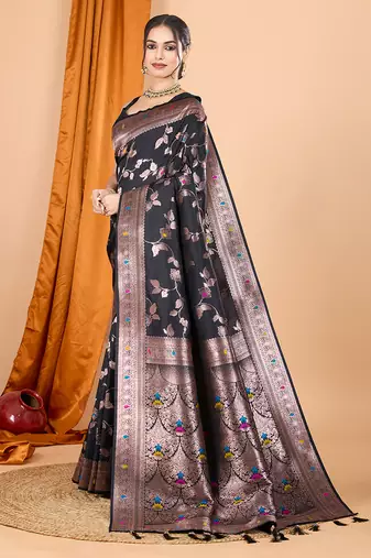 black zari work banarasi silk blend saree with blouse