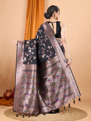 black zari work banarasi silk blend saree with blouse 4