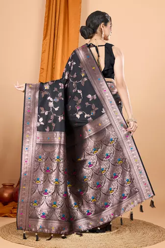black zari work banarasi silk blend saree with blouse