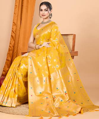 yellow zari work banarasi silk blend saree with blouse 1