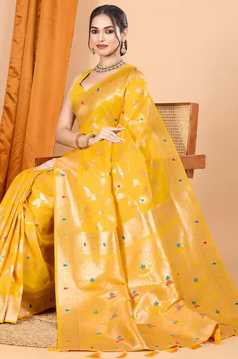 yellow zari work banarasi silk blend saree with blouse