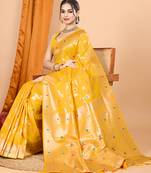 yellow zari work banarasi silk blend saree with blouse