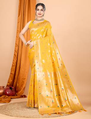 yellow zari work banarasi silk blend saree with blouse 2
