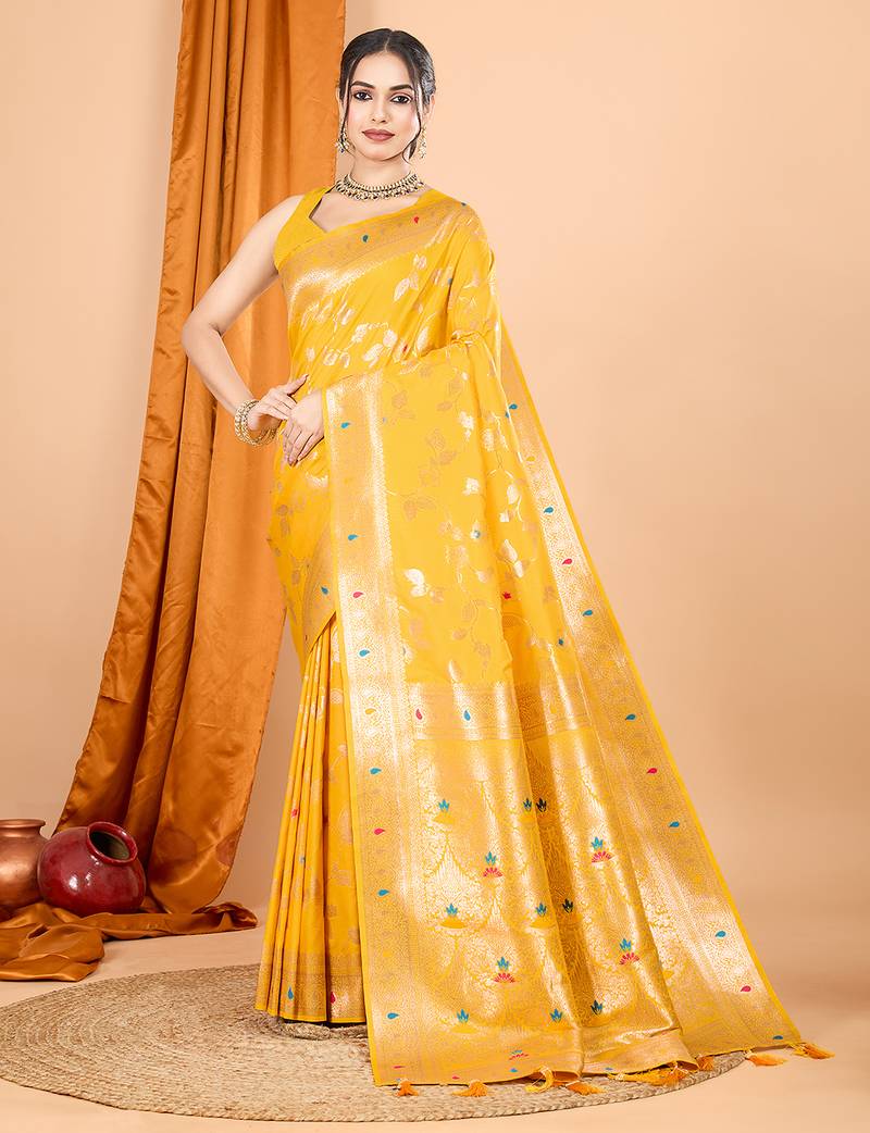 yellow zari work banarasi silk blend saree with blouse