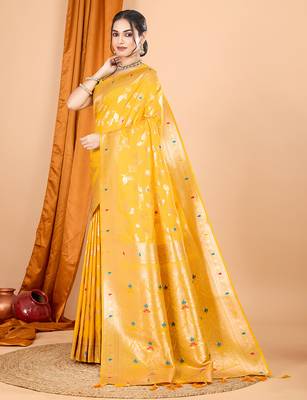 yellow zari work banarasi silk blend saree with blouse 3