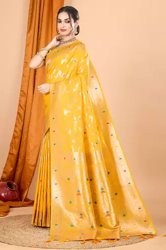 yellow zari work banarasi silk blend saree with blouse
