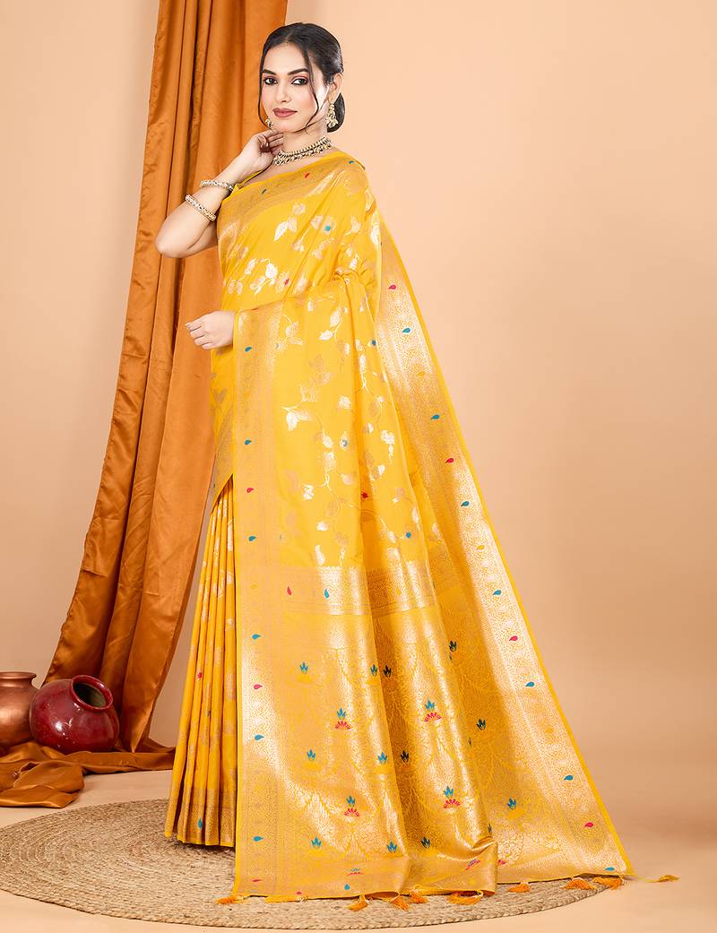 yellow zari work banarasi silk blend saree with blouse