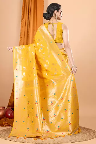 yellow zari work banarasi silk blend saree with blouse