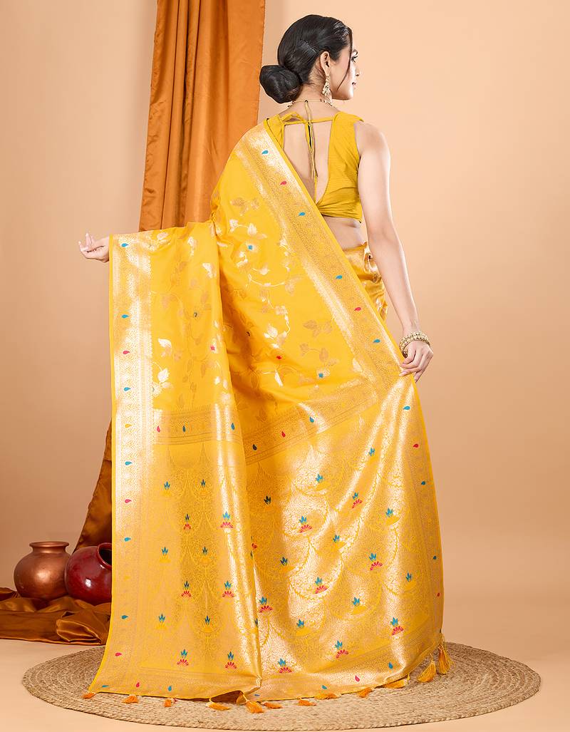 yellow zari work banarasi silk blend saree with blouse