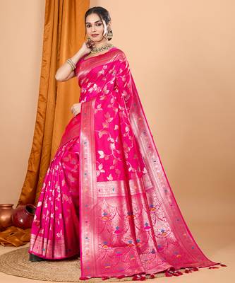 rani pink zari work banarasi silk blend saree with blouse 1