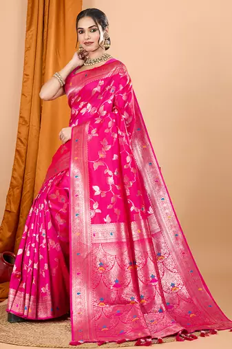 rani pink zari work banarasi silk blend saree with blouse