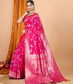 rani pink zari work banarasi silk blend saree with blouse