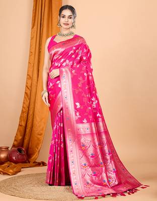 rani pink zari work banarasi silk blend saree with blouse 2