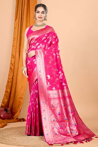 rani pink zari work banarasi silk blend saree with blouse
