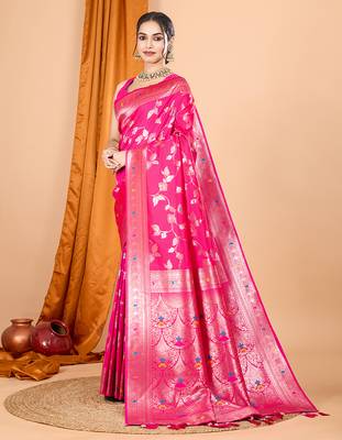 rani pink zari work banarasi silk blend saree with blouse 3