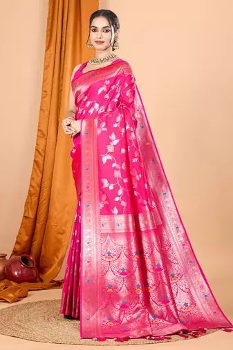 rani pink zari work banarasi silk blend saree with blouse