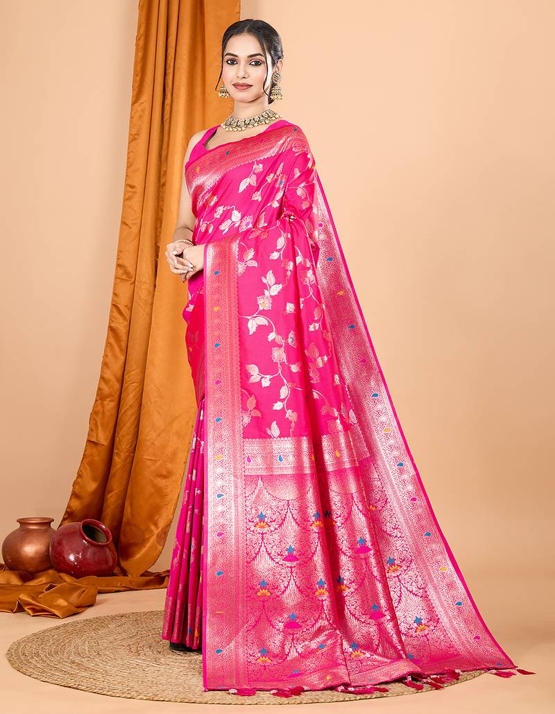rani pink zari work banarasi silk blend saree with blouse