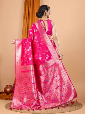 rani pink zari work banarasi silk blend saree with blouse 4