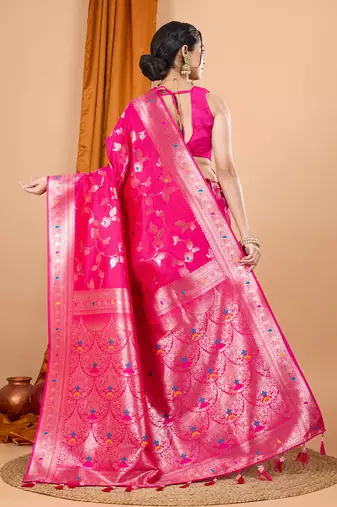 rani pink zari work banarasi silk blend saree with blouse