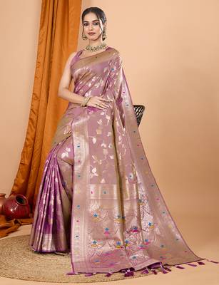 lavender zari work banarasi silk blend saree with blouse 1