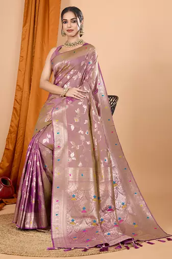 lavender zari work banarasi silk blend saree with blouse