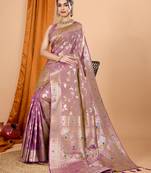 lavender zari work banarasi silk blend saree with blouse