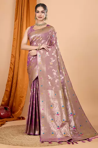 lavender zari work banarasi silk blend saree with blouse