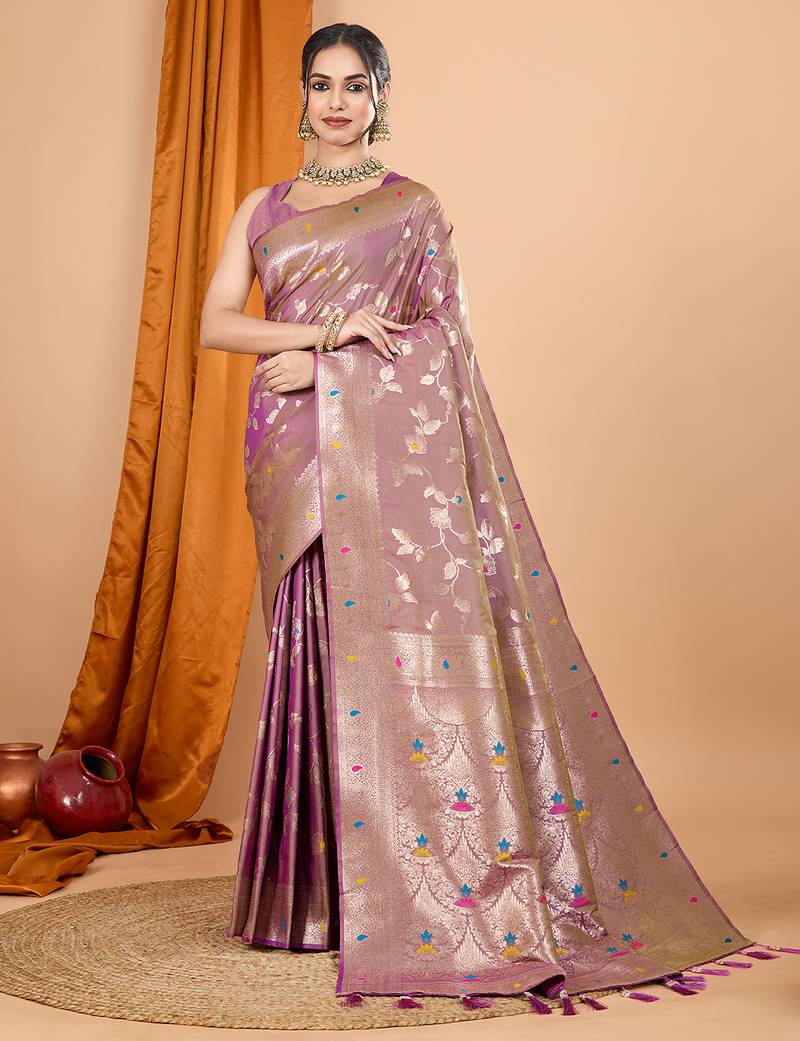 lavender zari work banarasi silk blend saree with blouse