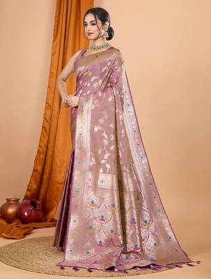 lavender zari work banarasi silk blend saree with blouse 3