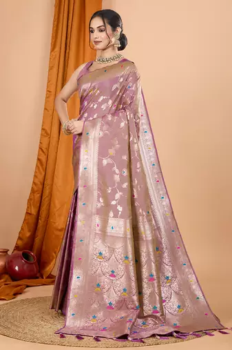 lavender zari work banarasi silk blend saree with blouse