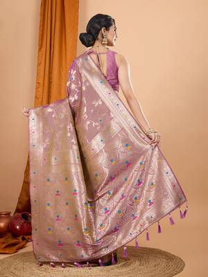 lavender zari work banarasi silk blend saree with blouse 4