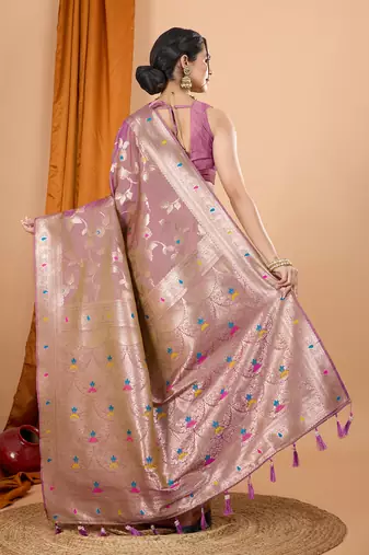 lavender zari work banarasi silk blend saree with blouse