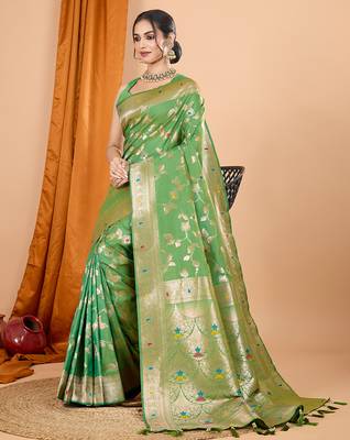 parrot green zari work banarasi silk blend saree with blouse 1