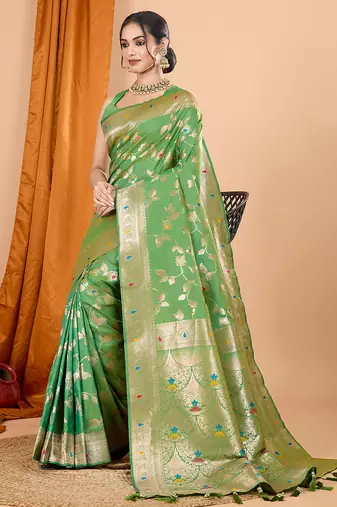 parrot green zari work banarasi silk blend saree with blouse