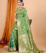 parrot green zari work banarasi silk blend saree with blouse