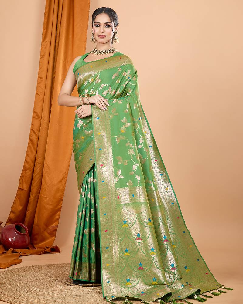 parrot green zari work banarasi silk blend saree with blouse